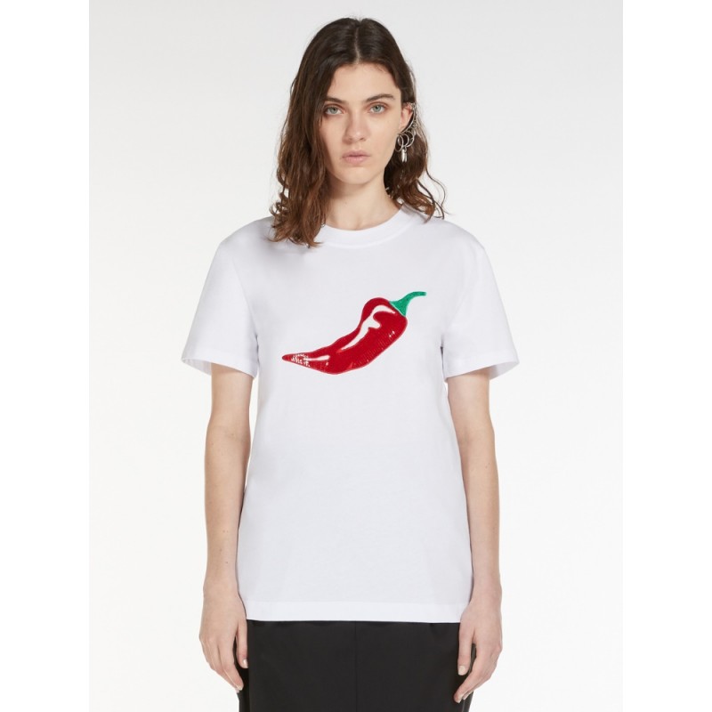 SPORTMAX - T-Shirt Con Ricami e Paillette TACH - Bianco/Peperoncino