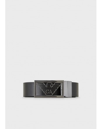 EMPORIO ARMANI - Reversible two-tone leather belt with palmellato side - Blue/Dark