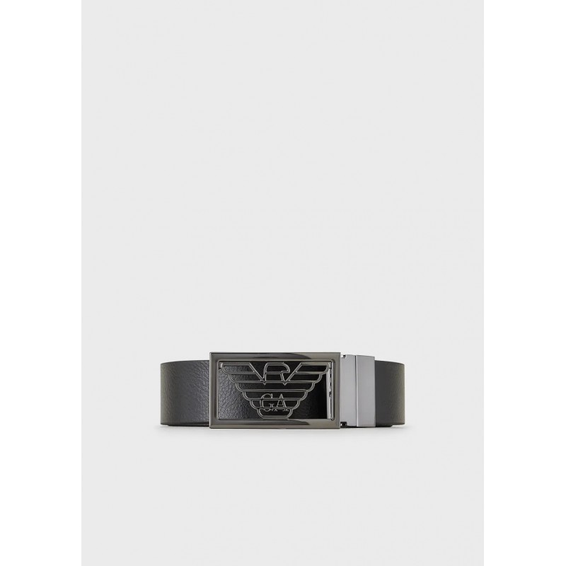 EMPORIO ARMANI - Cintura reversibile in pelle bicolore con lato palmellato - Blu/Moro