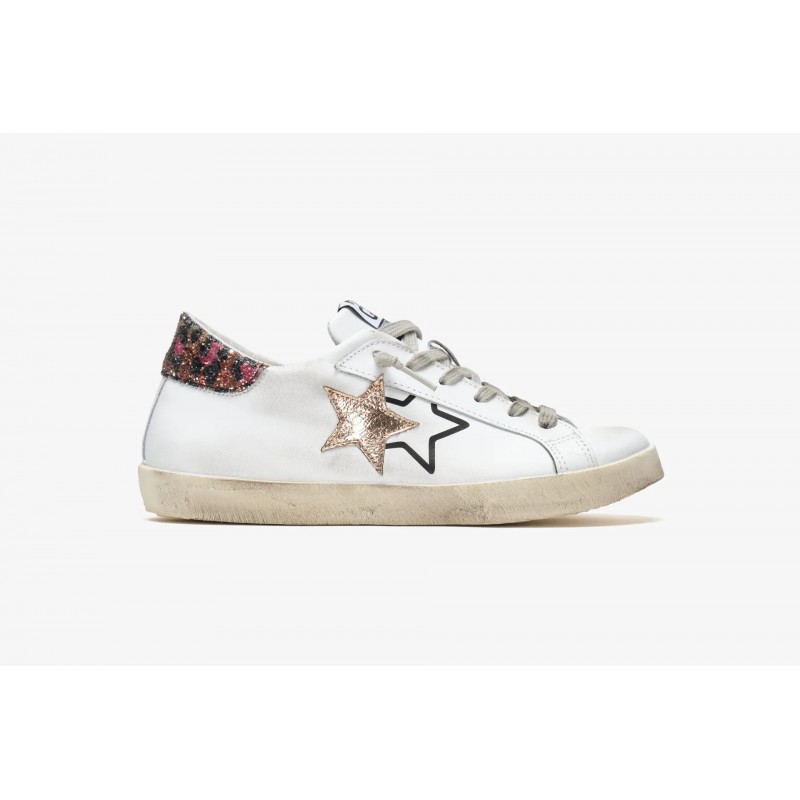 2 STAR - Low Leather Sneakers - White /Gold/Leopard