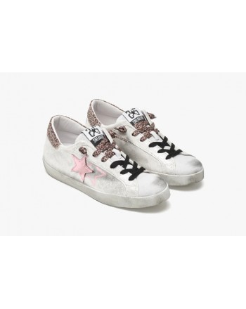 2 STAR - Sneakers Low Effetto Used - White/Pink/Leopard