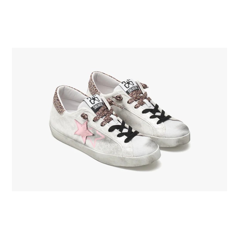 2 STAR - Used Effect Low Sneakers - White/Pink/Leopard