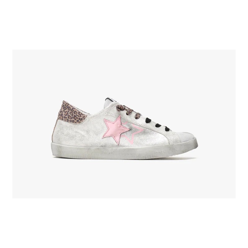 2 STAR - Used Effect Low Sneakers - White/Pink/Leopard