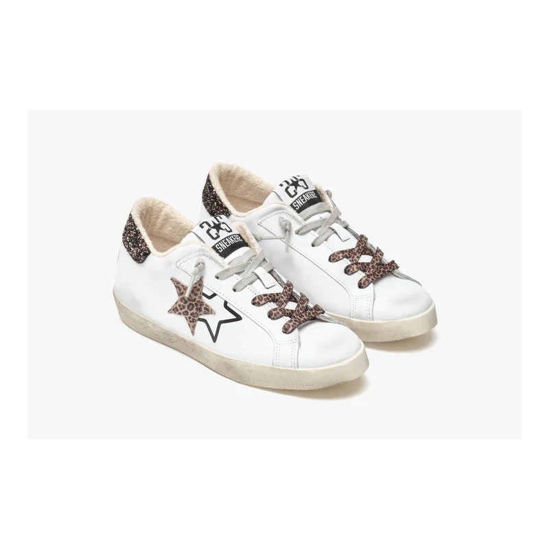 2 STARS - Low Leather Sneakers - White/Leopard