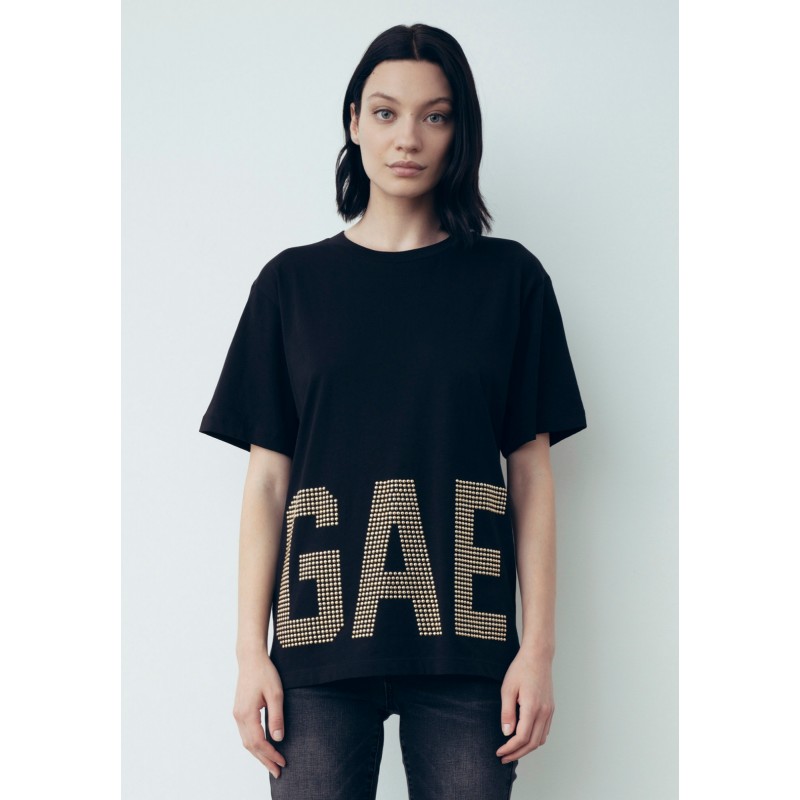 GAELLE - Metallic Logo Cotton T-Shirt - Black