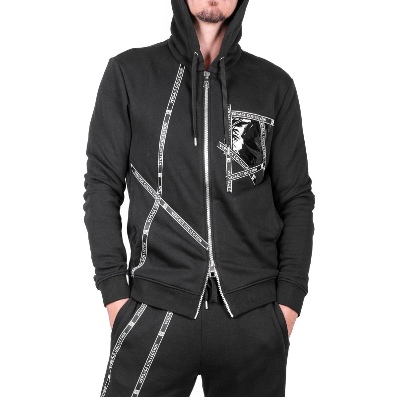 VERSACE COLLECTION - Cotton Sweatshirt with Hood and Logo Writings - Black