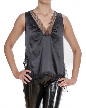 PINKO - Silk Top with Lace - Black