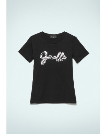 GAELLE - T-Shirt Girocollo con Logo Paillettes - Nero