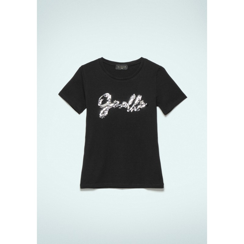GAELLE - T-Shirt Girocollo con Logo Paillettes - Nero