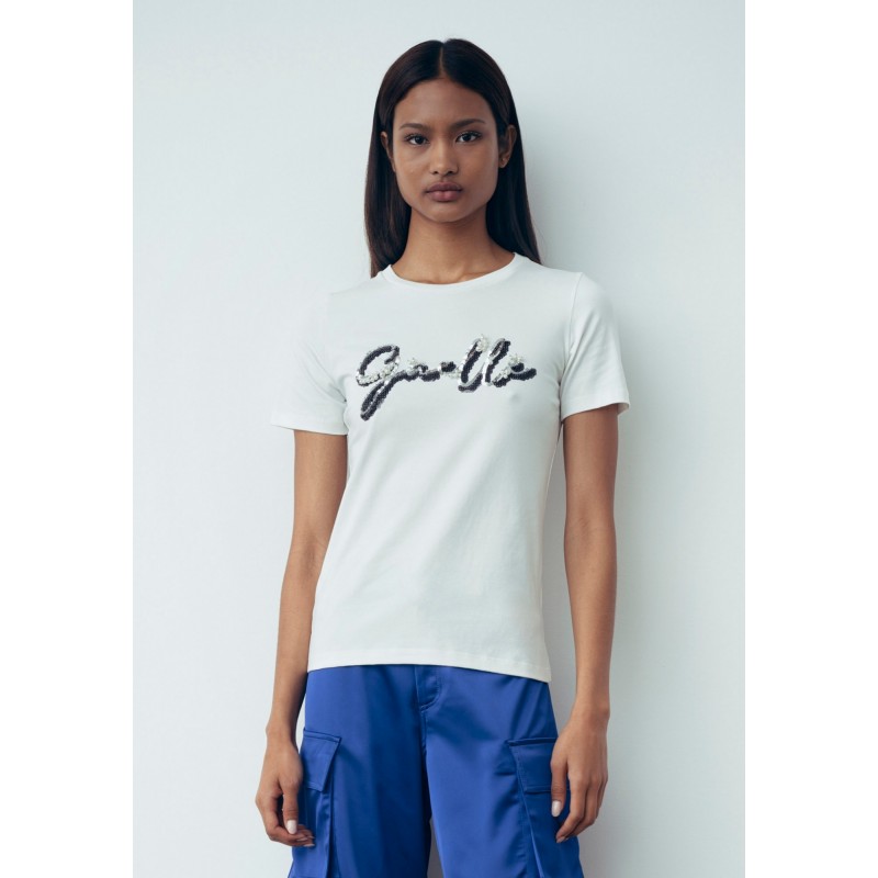 GAELLE - T-Shirt Girocollo con Logo Paillettes - Bianco