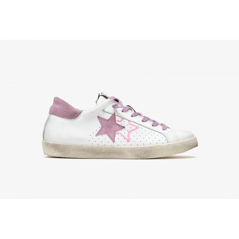 2 STAR  - White leather low-top sneakers with Lilac 