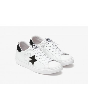 2 STAR  - Sneakers LOW in Pelle Bianca con dettaglio GLITTER -
