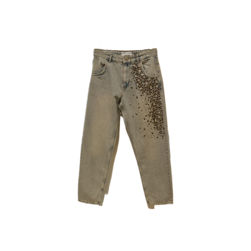 GAELLE - Rhinestone Detail Denim Trousers - Blue