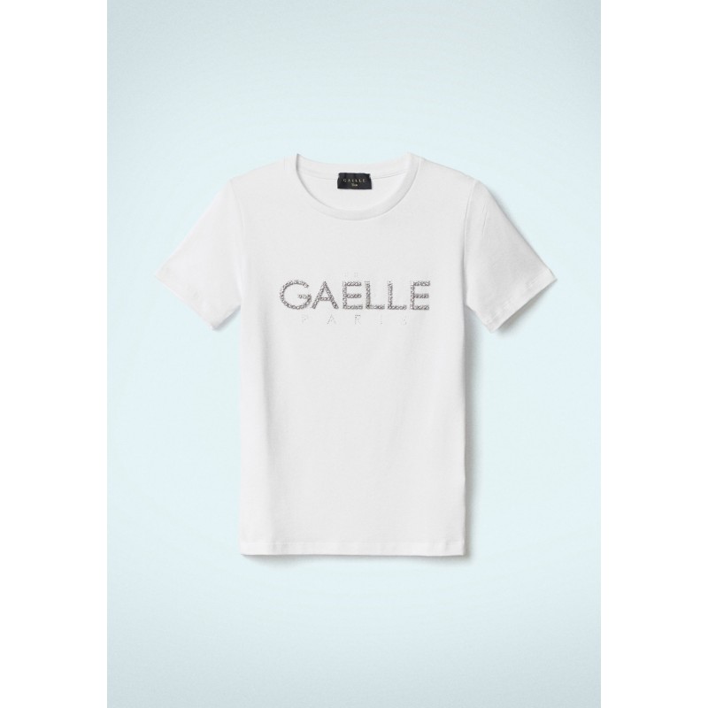 GAELLE - T-Shirt Girocollo con Logo Strass - Bianco
