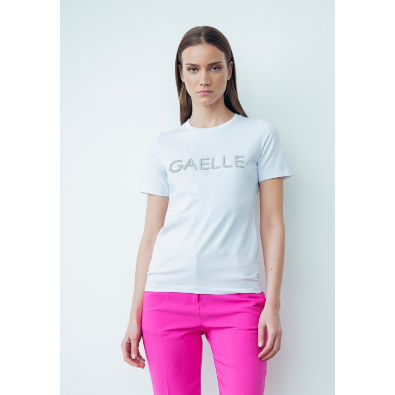 GAELLE - T-Shirt Girocollo con Logo Strass - Bianco