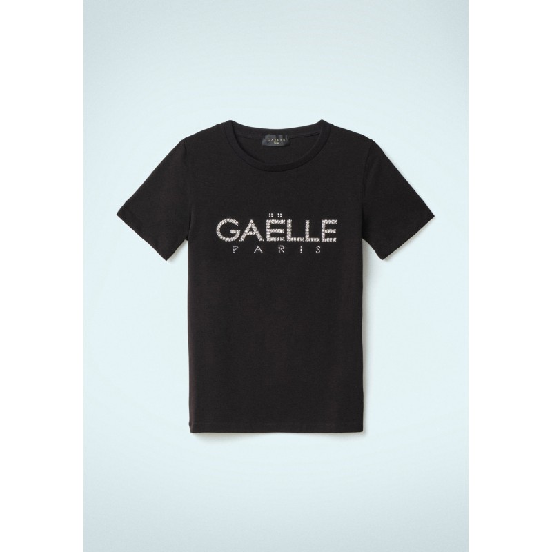 GAELLE - T-Shirt Girocollo con Logo Strass - Nero