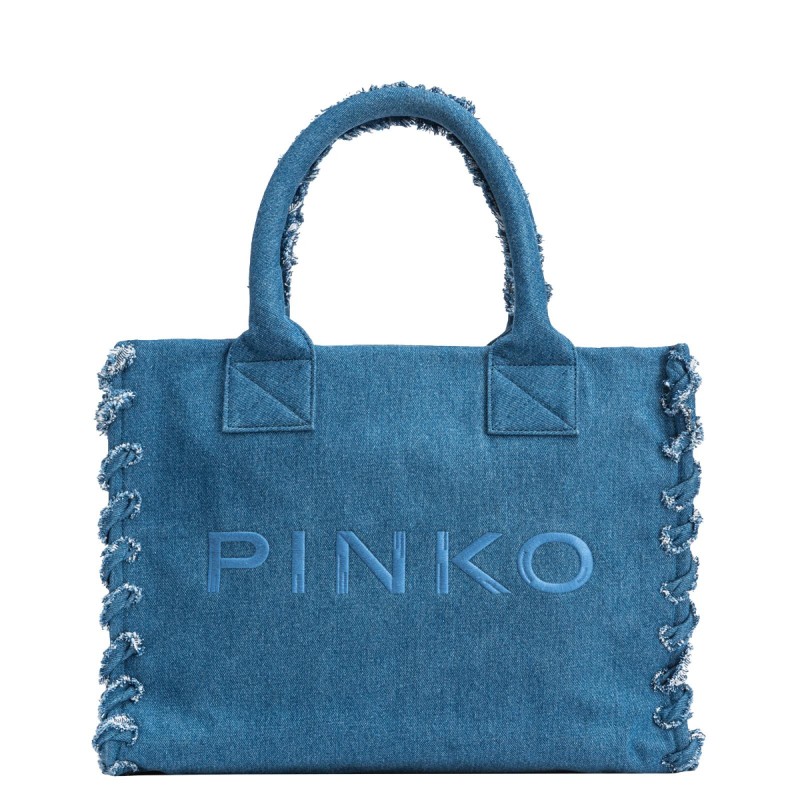 PINKO - BEACH Canvas Shopping Bag - Denim Blue/Antique Gold