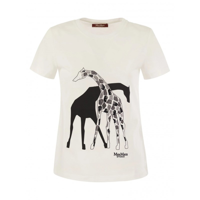 MAX MARA STUDIO - T-Shirt in Cotone Stampa Foulard RITA - Bianco/Giraffa