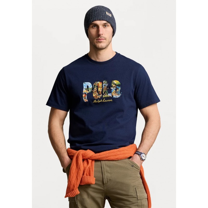 POLO RALPH LAUREN  - Embroidered Logo Cotton T- Shirt - Navy