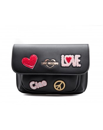 LOVE MOSCHINO - Ecoleather  Fanny Pack with Love and Peace Patches - Black
