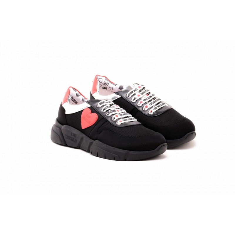 LOVE MOSCHINO - Heart Patch  Leather and Fabric Sneakers  - Black