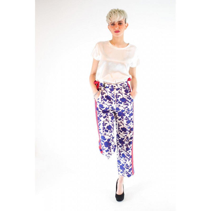 PINKO - RAGGIRATO Trousers flowers Print  - White/Cobalt/red