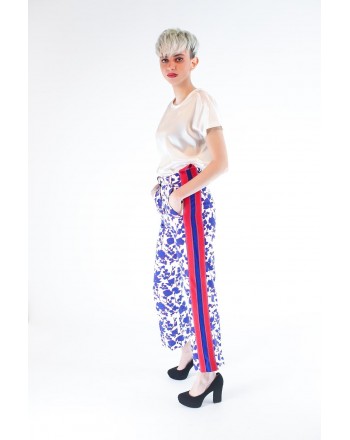 PINKO - Pantalone RAGGIRATO stampa fiori - Bianco/Cobalto/Rosso