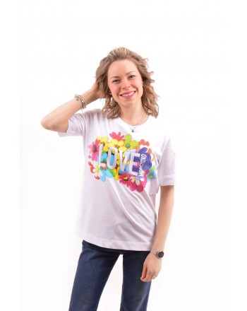 LOVE MOSCHINO -  T-Shirt in cotone con stampa Fiori - Bianco