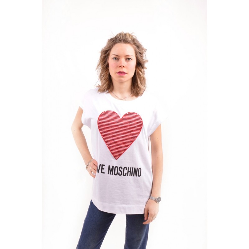 LOVE MOSCHINO - Cotton T-Shirt with Strass Heart - White