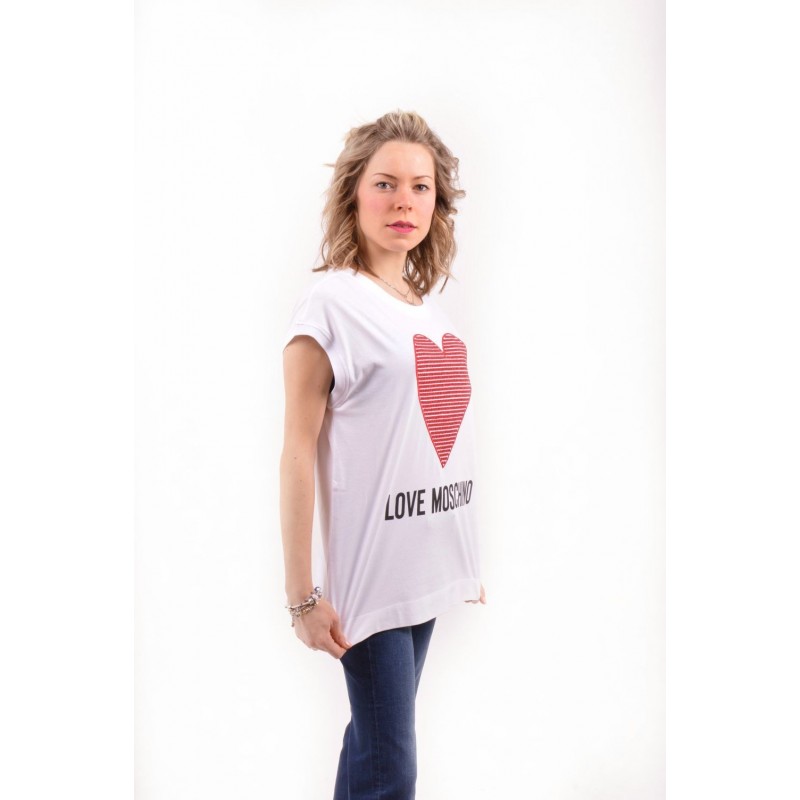 LOVE MOSCHINO - T-Shirt in cotone con CUORE Strass - Bianco
