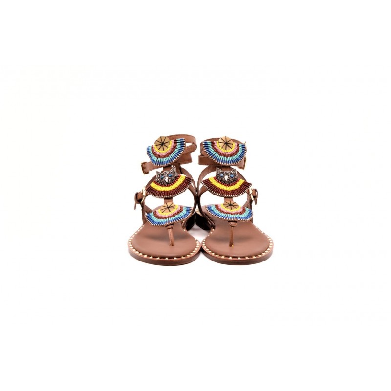 ASH -  Leather sandal with studs and beads - Brown