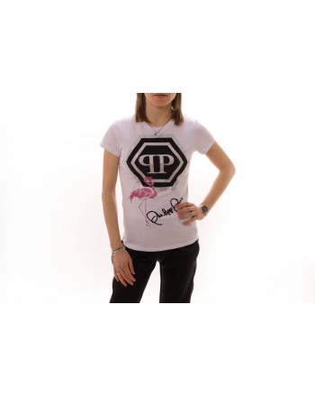 PHILIPP PLEIN - T-Shirt in Cotone con Stampa Fenicottero e Strass - Bianco