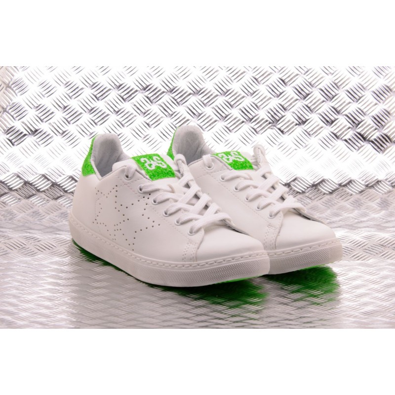 2 STAR - Ecoleather Sneakers with Fluo Green Details  - White/Green