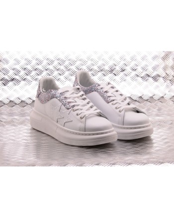 2 STAR - Sneakers in Ecopelle con Dettaglio Glitter - Bianco/Multicolor