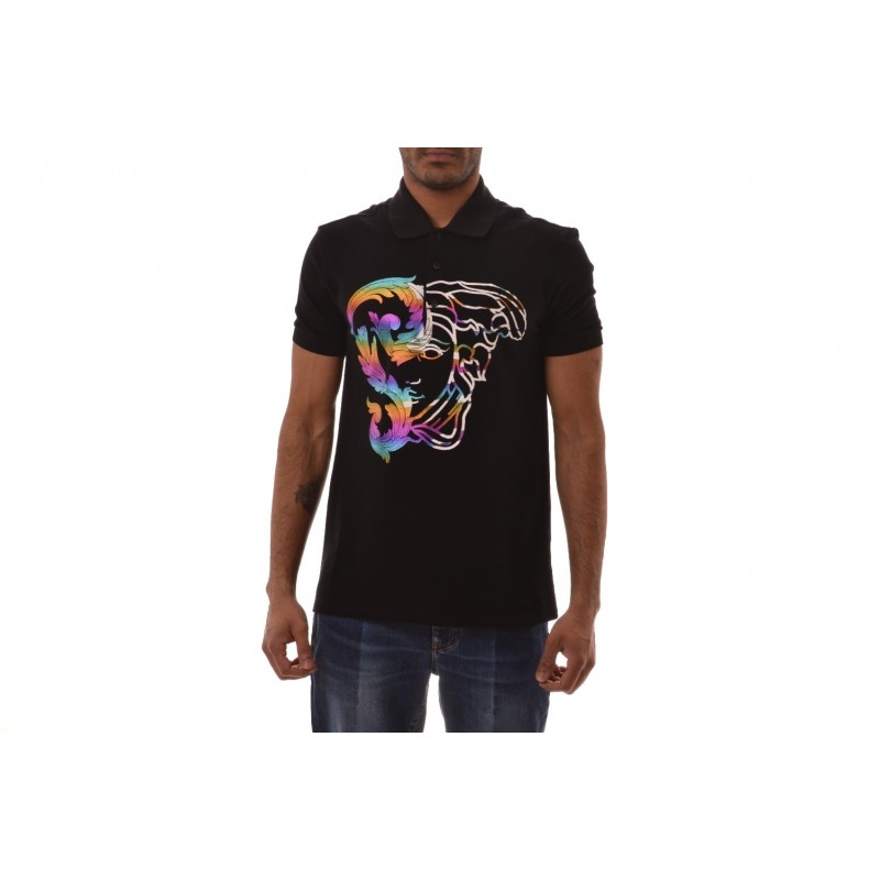VERSACE COLLECTION -Cotton Polo Shirt with Medusa Print - Black