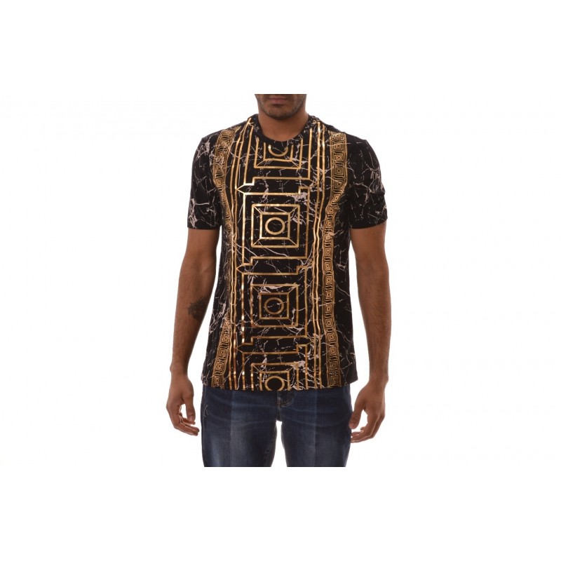 VERSACE COLLECTION -  Cotton T-Shirt with Gold printed - Black