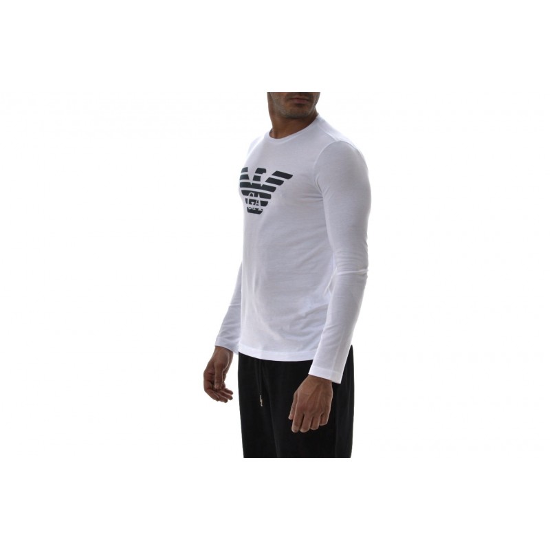 EMPORIO ARMANI  - T-Shirt  in cotone a maniche lunghe con stampa LOGO - Bianco