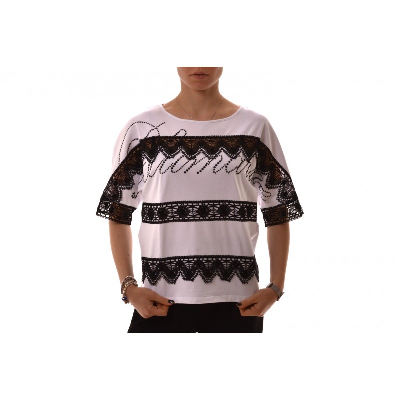 BLUMARINE - Cotton T-Shirt with lace and strass - Bianco/Nero