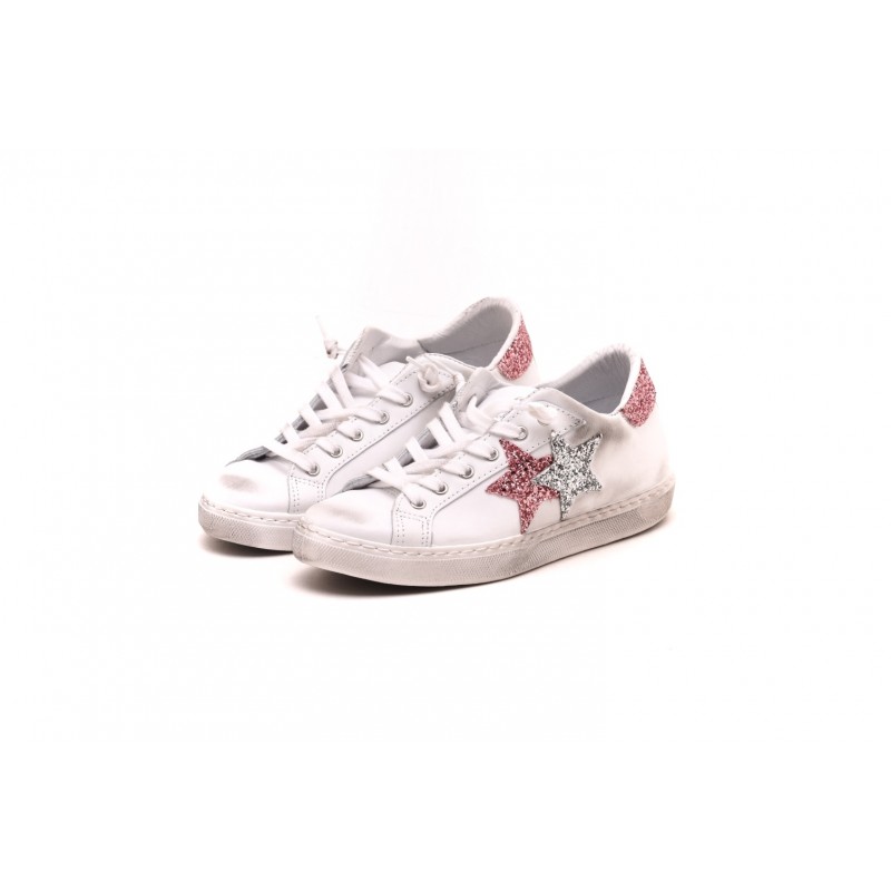 2 STAR - Sneakers in pelle screpolate - Bianco/ArgentoRosa